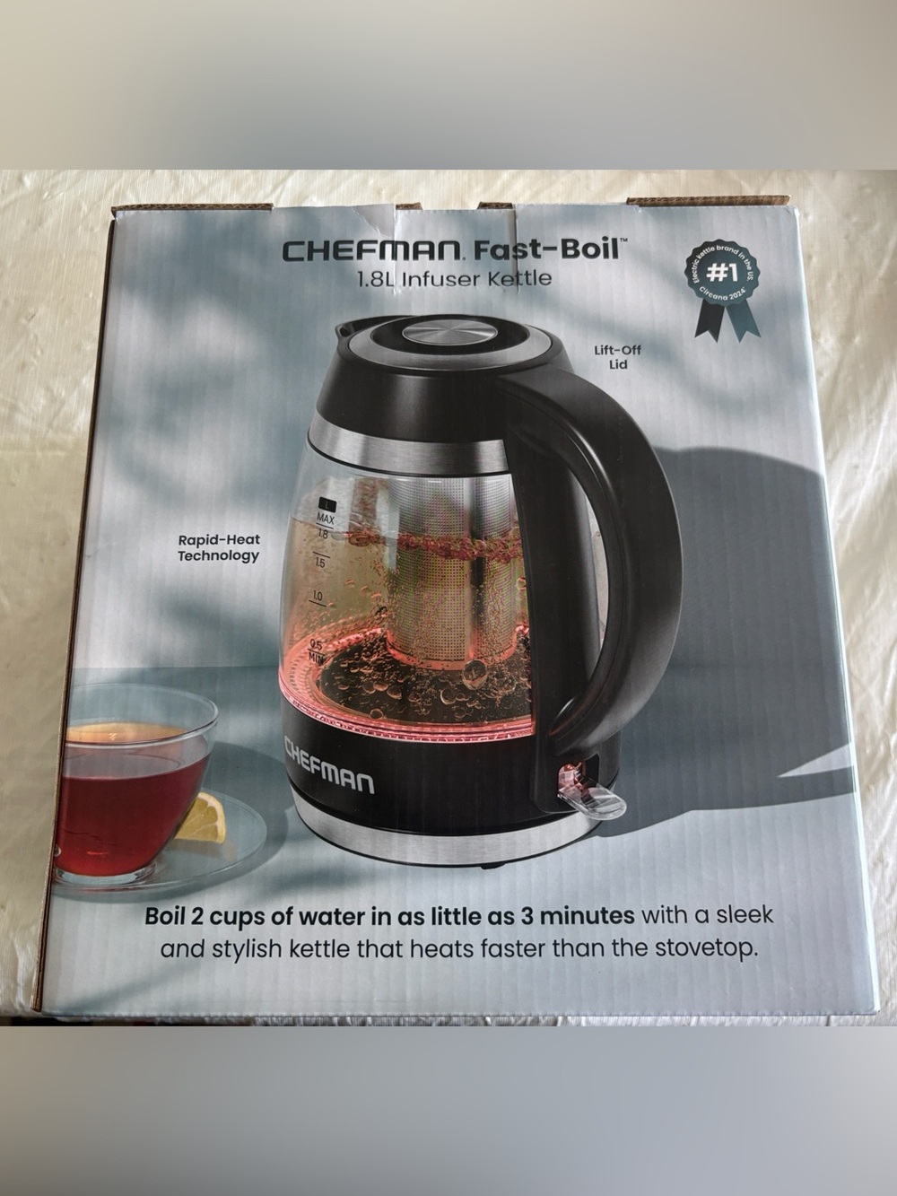 Chefman Fast-Boil 1.8L Electric  Glass Kettle, 1500W w Removable Tea Infuser